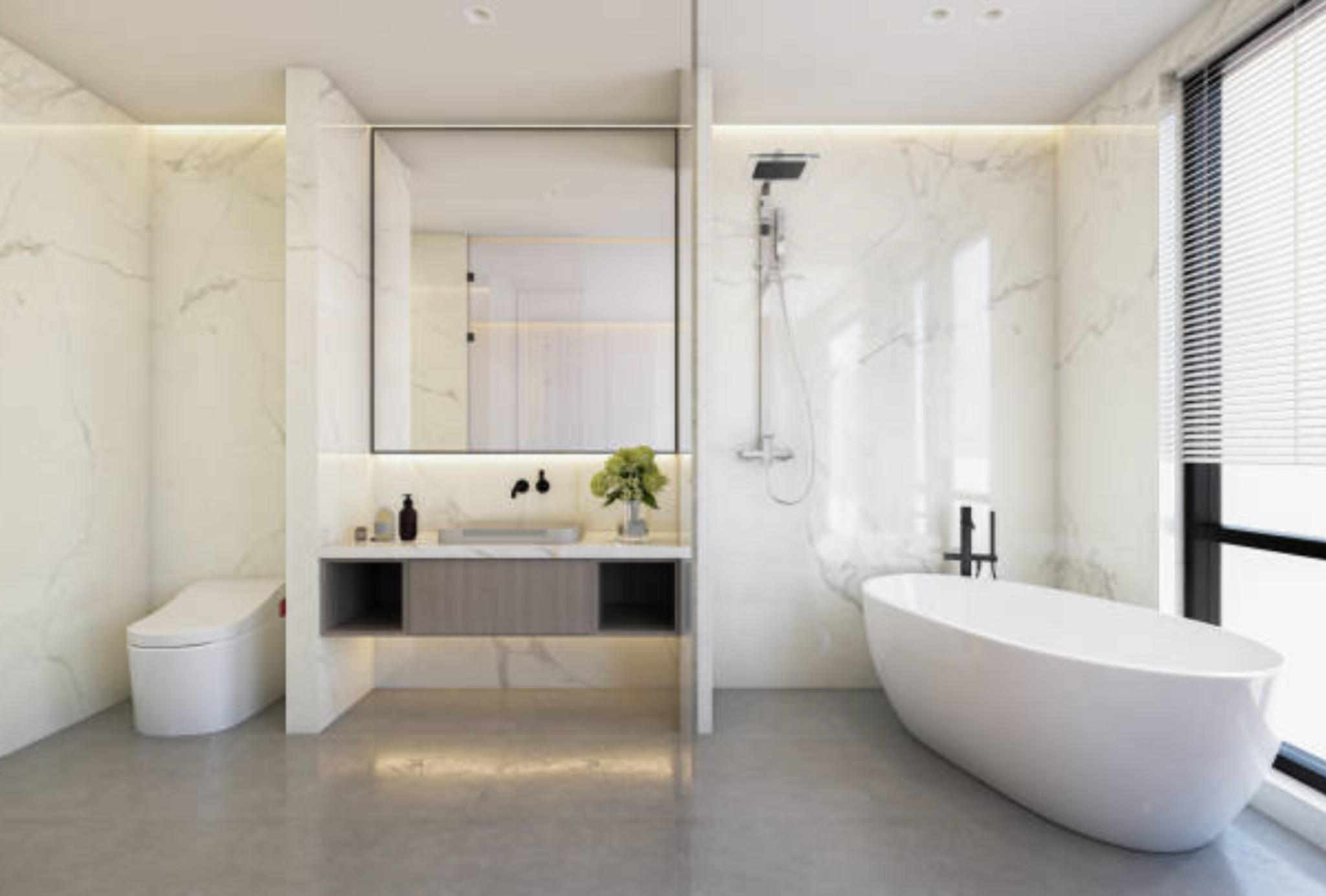 Moderne lichte badkamer met bad en douche